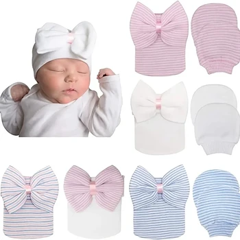 Детская шапочка с бантом, шапочка и варежки для новорожденных, 3 шт., повседневная милая теплая шапочка с бантом для маленьких девочек + перчатки