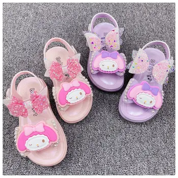 Детские туфли Принцессы на мягкой подошве Sanrio Hellokitty Mymelody Kuromi Cinnamoroll с помпоном и белым бантом Purin для Маленьких девочек