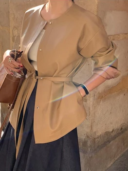 Женская Весенняя куртка из искусственной кожи с поясом, Однобортное пальто с круглым вырезом, верхняя одежда в корейском стиле, стильные топы