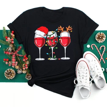 Женская повседневная рождественская футболка с принтом в виде бокала для вина, Женская черная футболка с круглым вырезом, уличная одежда с коротким рукавом, женская рождественская рубашка