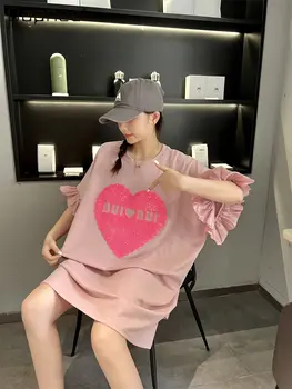 Женская Свободная футболка с расклешенным рукавом в Корейском стиле, расшитая блестками, Женская Летняя Хлопковая футболка с рисунком Любви 20203, Женская футболка с коротким рукавом