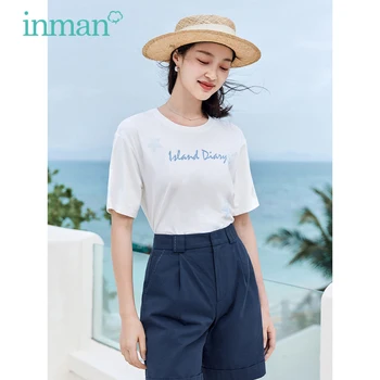 Женская футболка INMAN 2023, Летние Свободные футболки с коротким рукавом и круглым вырезом и рисунком морских животных, Модные повседневные Бело-синие топы