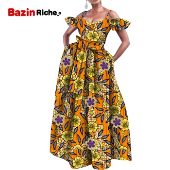Женские платья Макси в африканском стиле на бретелях с высокой талией и поясом-бантом, два кармана, аппликации, женские наряды для свадебных вечеринок WY9638