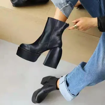 Женские сапоги на платформе и высоком каблуке в уличном стиле панк, сапоги выше колена, осень-зима, высококачественная эластичная теплая обувь