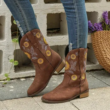 Женские сапоги с вышивкой, Блестящие ковбойские сапоги в западном стиле с принтом, Ботинки на платформе с массивным каблуком до середины икры в стиле ретро, Женская обувь