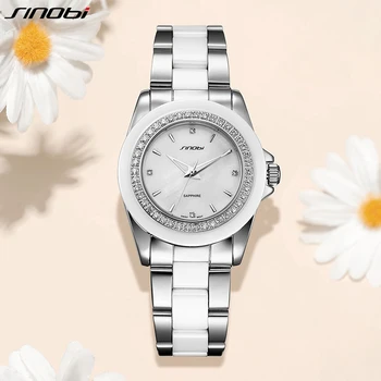 Женские часы SINOBI из высококачественной керамики, оригинальный дизайн, женские кварцевые наручные часы с бриллиантами, модные роскошные женские часы Clcok