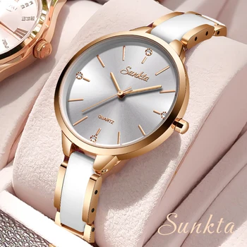 Женские часы Sunkta Роскошные Модные керамические часы для дам, Элегантный браслет, Водонепроницаемые кварцевые наручные часы, лучшие часы для влюбленных