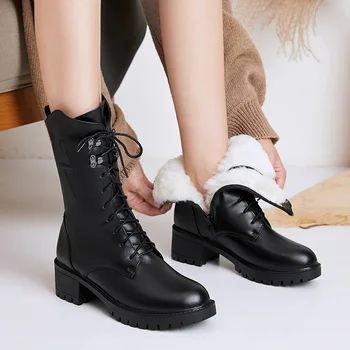 Женские шерстяные зимние ботинки из натуральной кожи, новинка зимы 2023 года, ботинки средней высоты на шнуровке в британском стиле, женские мотоботы размера плюс 43