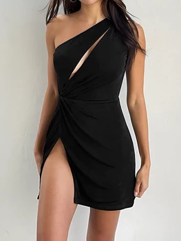 Женское Летнее платье без рукавов на одно плечо, сексуальное платье в стиле Y2k, однотонное платье с разрезом, вечернее платье для клубных мероприятий, уличная одежда