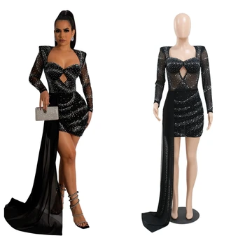 Женское модное клубное платье с прозрачными бриллиантами, облегающее платье миди со стразами Сбоку, вечерние сексуальные платья для вечеринок 2023