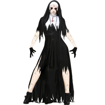 Женское платье Косплей Монахиня Мода Черно-белая строчка Короткий рукав Кисточка Длинное платье зомби на Хэллоуин с длинным рукавом