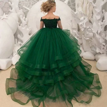 Зеленое Многослойное Пышное тюлевое платье с бисером для девочек-цветочниц, Свадебное Элегантное платье для Первого Евхаристического торжества в виде маленького цветочка