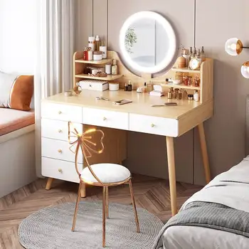 Зеркальный стул, туалетный столик со светодиодной подсветкой, Коричневый, для спальни, Многофункциональный роскошный туалетный столик, Классическая очаровательная мебель Tocador Maquillaje
