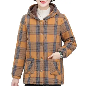 Зимняя хлопковая куртка, Женская Новинка 2023, Свободное клетчатое пальто с капюшоном, Однобортная утепленная верхняя одежда, Модное пальто с карманами, женское