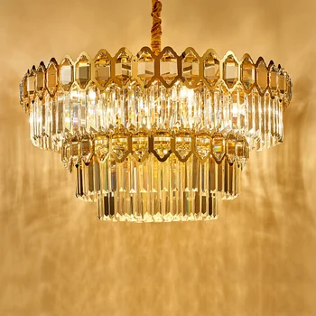 Золотая хрустальная люстра, круглое освещение гостиной, столовой, декоративная люстра, бесплатная светодиодная лампа, регулируемая по высоте
