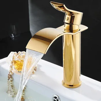 Золотой 100% латунный смеситель для раковины в ванной с водопадом