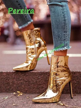 Золотые ботильоны с острым носком, Женские винтажные туфли на шпильке из лакированной кожи, Пикантные модные Элегантные вечерние офисные женские туфли, Новое поступление