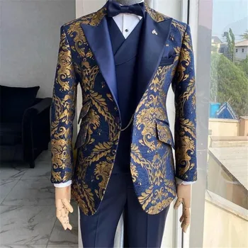Золотые жаккардовые мужские костюмы для свадьбы, темно-синий блейзер, комплекты для официальной вечеринки, Смокинги для жениха, 3 предмета (куртка + жилет + брюки), мужская одежда