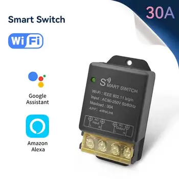 Интеллектуальное Реле WiFi Switch 30A Wifi Релейный Модуль Голосовой Контроллер Универсальный Выключатель Smarts Life Work со светодиодным Выключателем Света Home
