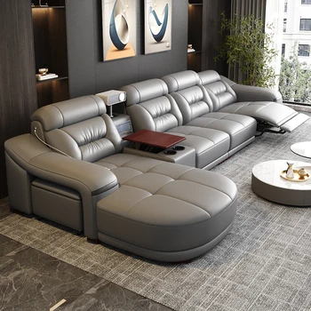 Итальянский секционный диван из натуральной кожи с электрическим креслом, Bluetooth-динамиком и проектором от Linlamlim Livingroom Couch