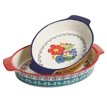 Керамическая овальная форма для выпечки с цветочным рисунком из 2 предметов, Обеденная тарелка