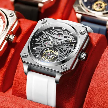 Классические мужские ретро-часы Марки BINBOND, Автоматические механические часы с Турбийоном, Силиконовые Водонепроницаемые военные Наручные часы
