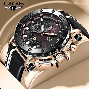 Кожаные Часы LIGE Мужские Люксовый бренд Большие Часы Мужские Водонепроницаемые Кварцевые наручные часы Спортивные часы с хронографом Relogio Masculino