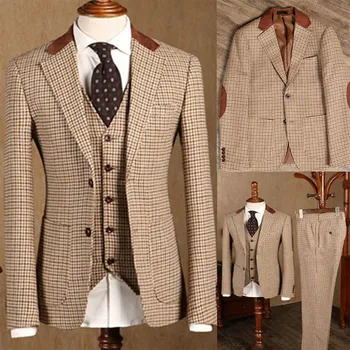 Комплект из 3 предметов, официальные Классические костюмы в клетку для мужчин, приталенный Свадебный смокинг Жениха, деловой повседневный мужской костюм, куртка, жилет со штанами