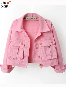 Корейские модные розовые джинсовые тонкие короткие куртки, женские однобортные джинсовые пальто с большим карманом, куртки в стиле Харадзюку для отдыха, топы