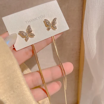 Корейские Элегантные Милые серьги-гвоздики со Стразами и бабочками для женщин, Модная металлическая цепочка для девочек, Букле D'oreille, ювелирные подарки