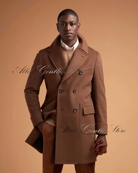 Коричневое шерстяное пальто, цельные вещи для деловых мужчин, зимняя одежда, Двубортная куртка с отворотом в стиле ретро