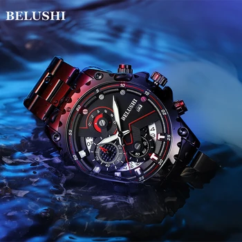 Креативные часы BELUSHI, лучший бренд, роскошные спортивные кварцевые мужские наручные часы, мужские часы из нержавеющей стали с хронографом