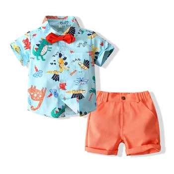 Летняя модная одежда для мальчиков, мягкая хлопковая одежда для 2, 3, 4, 5, 6 лет, Рубашка с короткими рукавами и принтом динозавра, Шорты, детская повседневная одежда