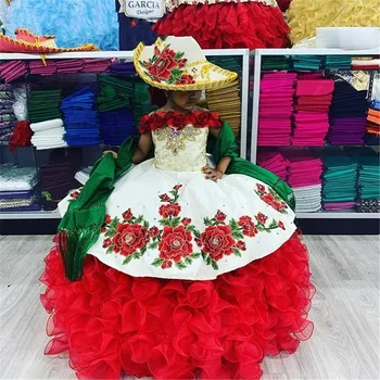 Мексиканские Детские Мини-Пышные Платья Charro, Бальное Платье Из Органзы С Аппликациями, Платья с цветочным Узором Для Девочек На Свадьбу, Праздничные Платья Для Маленьких