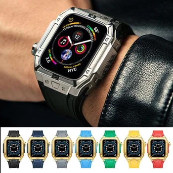 Металлический Корпус Резиновая лента Для Apple Watch 8 7 45 мм Комплект Модификации iWatch 4 5 6 SE 44 мм Корпуса Из нержавеющей Стали Силиконовый Ремешок