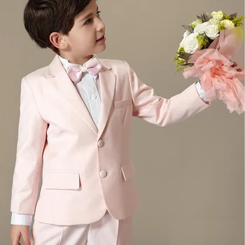 Модная Детская одежда, Розовый Блейзер с вырезами на двух пуговицах для мальчиков, Повседневный Официальный детский свадебный костюм, приталенный комплект из 2 предметов, костюм для мальчика