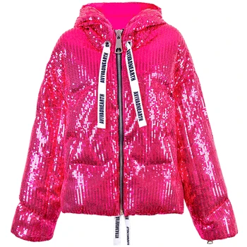 Модная Зимняя куртка с Голограммой, Розовая, с Блестками, для девочек, Лазерная Симфония, Сверкающее Пальто С капюшоном, Хлопковое, Смешанное С Лентами