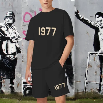Модная летняя мужская спортивная футболка, Шорты, комплект из 2 предметов, 100% Хлопок, Винтажный принт 1977 года, Ioose, Мужской Уличный повседневный комплект из 2 предметов