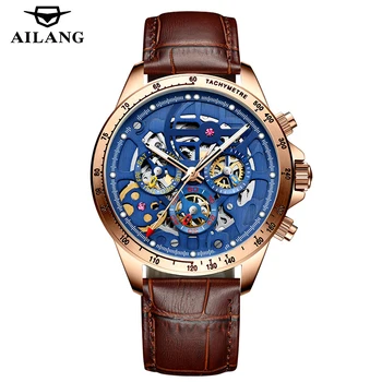 Модные мужские часы AILANG, выдалбливают полностью автоматические механические наручные часы для мужчин, водонепроницаемые часы-скелет из натуральной кожи