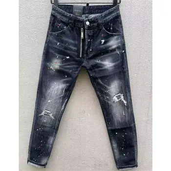 Модные повседневные мужские джинсы с дырочками, расписанные распылением, модные брюки из джинсовой ткани с надписью High Street, 110-1#