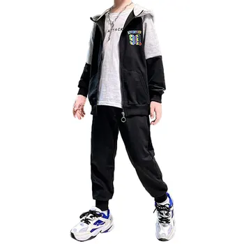 Модный Спортивный костюм из двух предметов для мальчиков, спортивный костюм, Повседневная толстовка с капюшоном на молнии и длинными рукавами в цветном блоке, спортивные штаны
