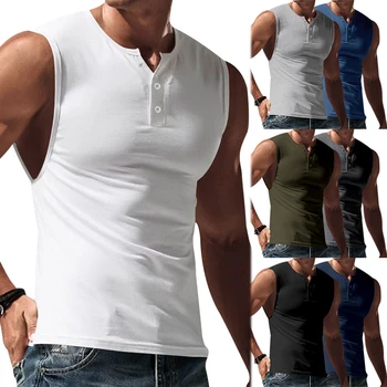 Мужская летняя хит продаж Рубашка Henley, однотонный жилет, повседневная спортивная футболка, фитнес-мышечный топ на заказ 6XL