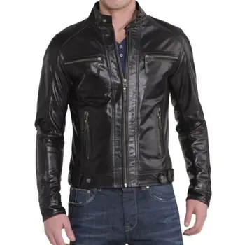 Мужская Черная байкерская куртка из натуральной овечьей Кожи Мотоциклетная мягкая/гладкая верхняя одежда