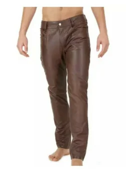 Мужские кожаные брюки в джинсовом стиле, мотоциклетные коричневые брюки с 5 карманами, европейский и американский модный тренд