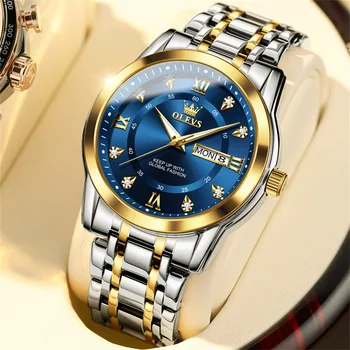 Мужские часы OLEVS Роскошные наручные часы из нержавеющей стали, золотые люминесцентные кварцевые водонепроницаемые часы