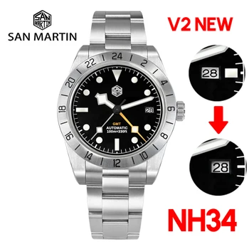 Мужские Часы San Martin BB Luxury AR из Сапфирового Стекла NH34A Механические Автоматические Часы GMT Хронометр BGW9 Blue Ray