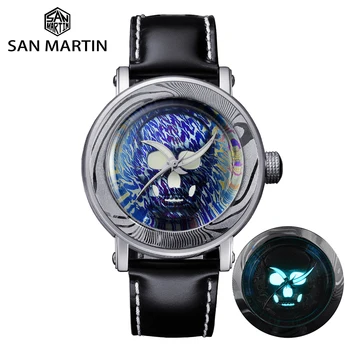Мужские часы San Martin из Дамасской стали, роскошная лимитированная коллекционная серия, Череп SW200, Автоматическая механическая прозрачная задняя крышка