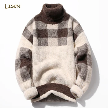 Мужской пуловер, свитер с высоким воротом, мужской новый корейский зимний модный полосатый повседневный флисовый свитер, теплый вязаный свитер в клетку для мужчин