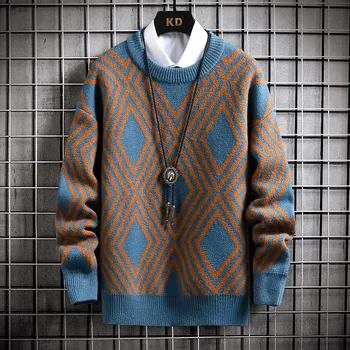 Мужской свитер, пуловер, Уличная одежда, Мужской пуловер с круглым вырезом, Рубашки с длинным рукавом, свитера с геометрическими узорами, Осень-зима