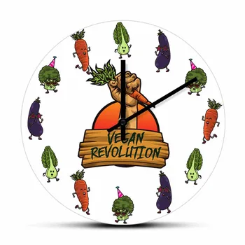 Настенные часы с веганской революцией, Вегетарианский декор для кухни, столовой, Настенные часы с овощами, Капустой, Баклажанами, Морковью